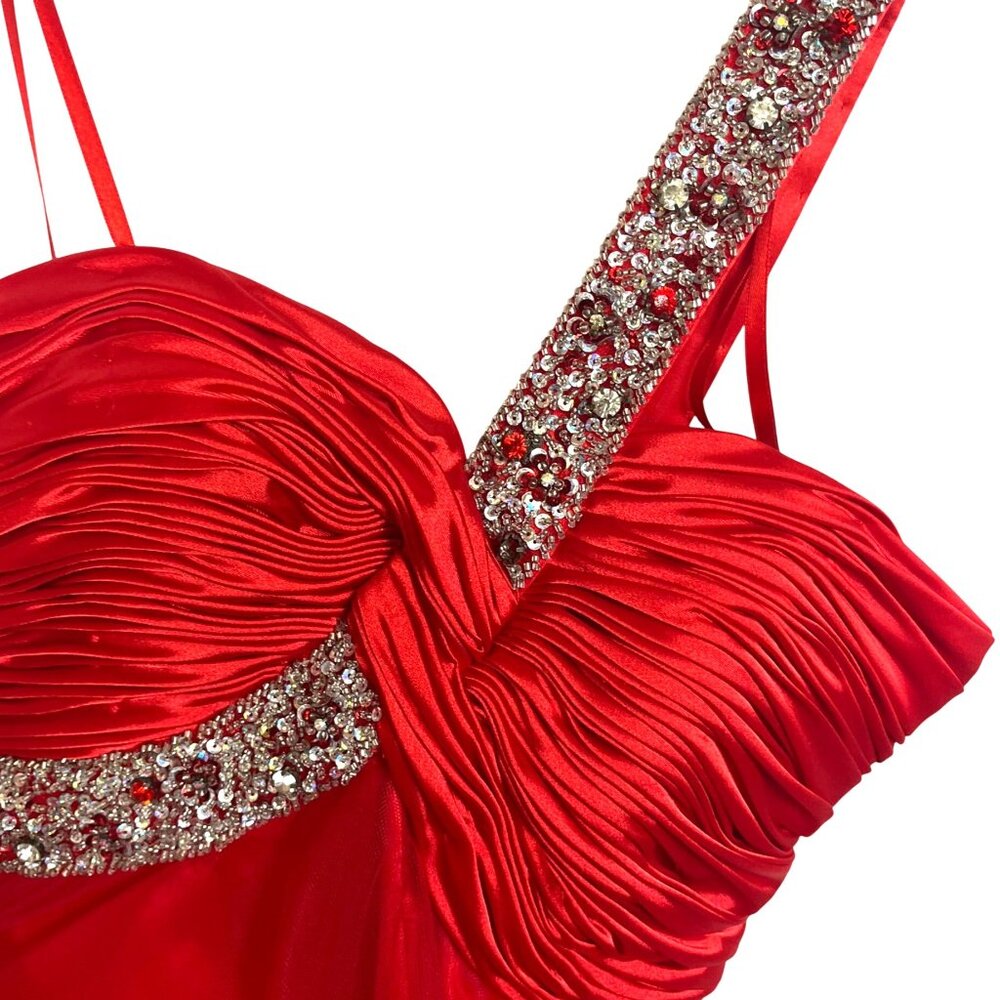 Red Satin & Tulle One-Shoulder Dress W/ Rhinestone Strap & Ruched Bodice Short S - Picture 4 of 12